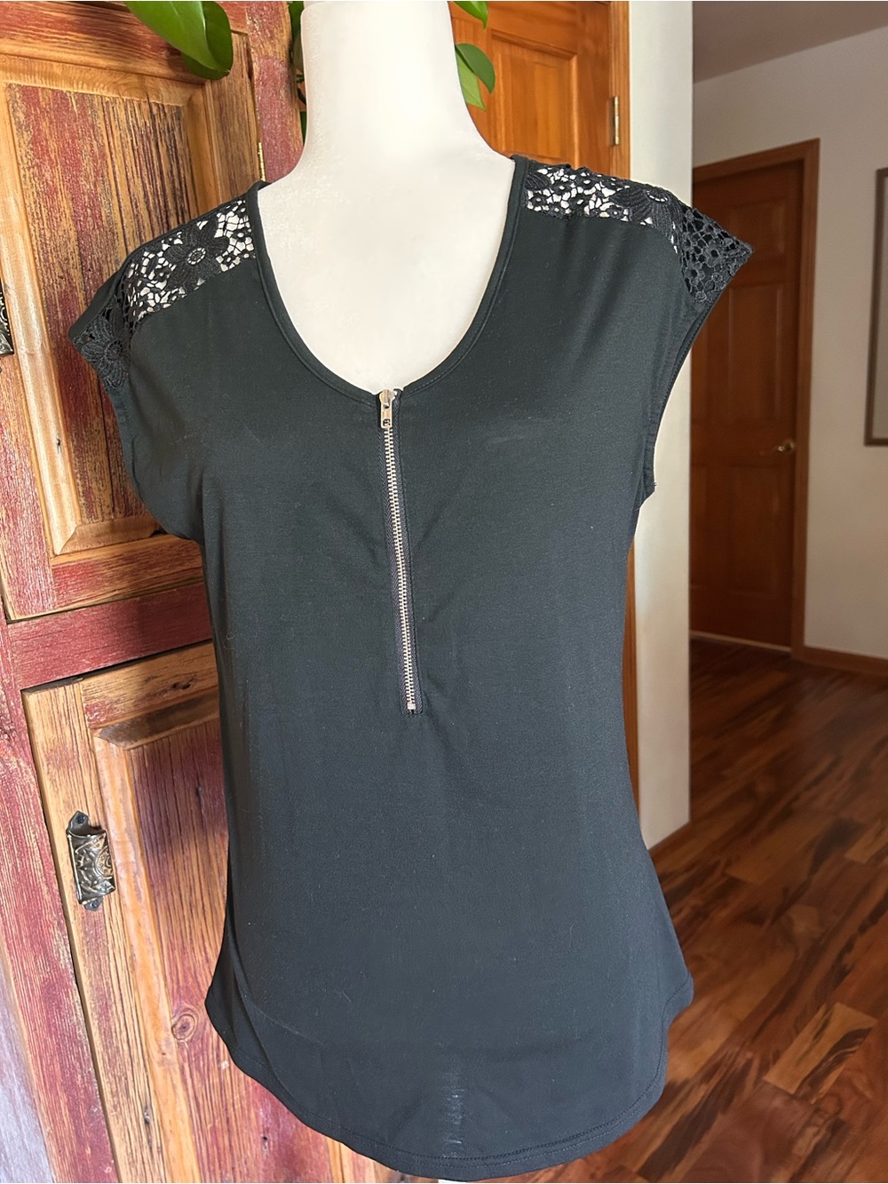 Black Short Sleeve Top with Lace Yoke and Front Zip